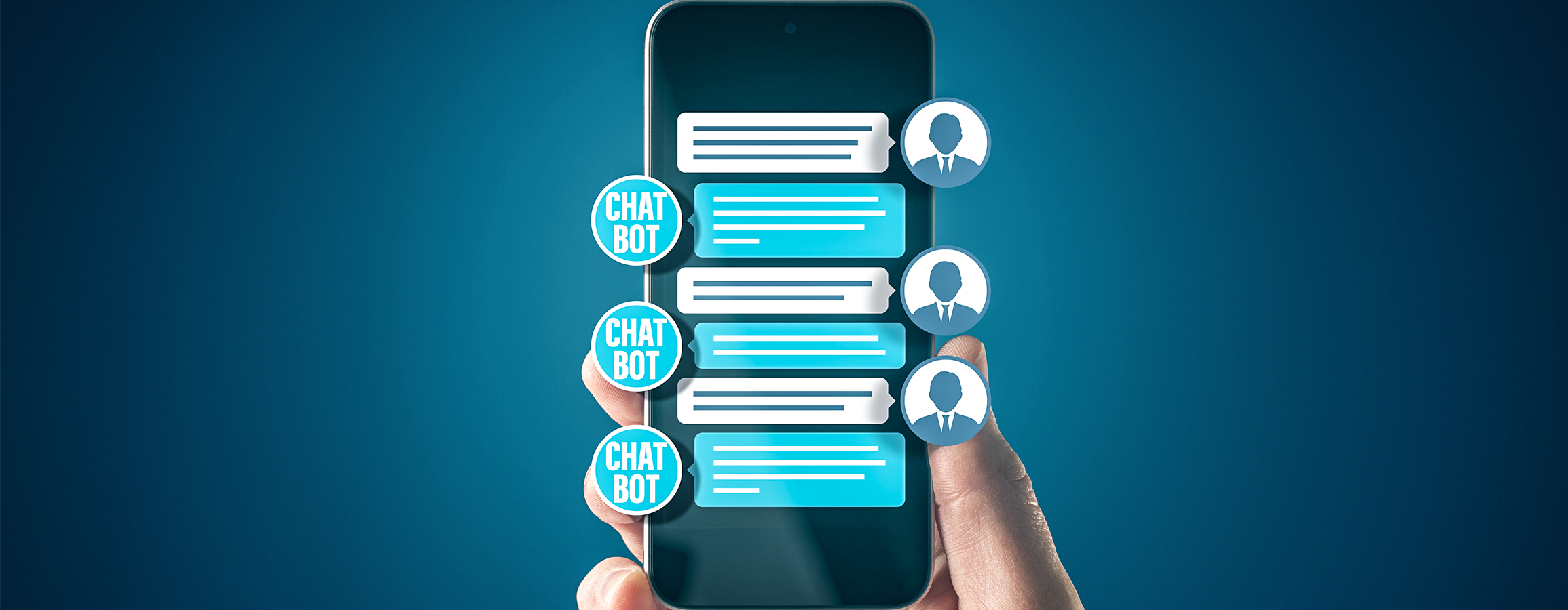 Smartphone-Oberfläche mit Chatverlauf: ein Mensch chattet mit einem Bot